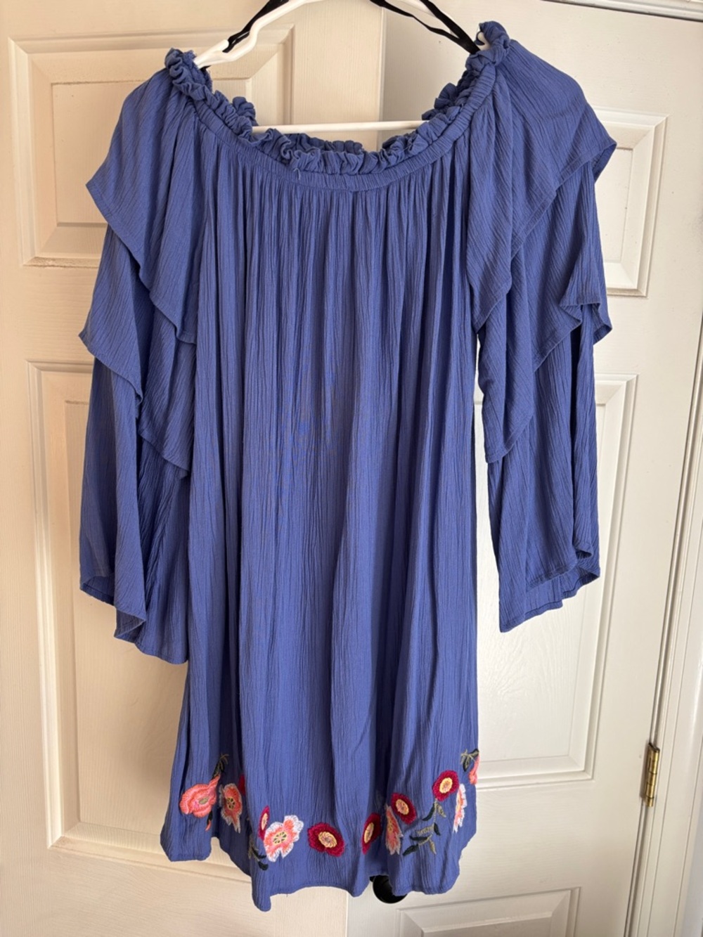 Women's Blue Off-Shoulder Ruffle Sleeve Embroidered Hem Dress